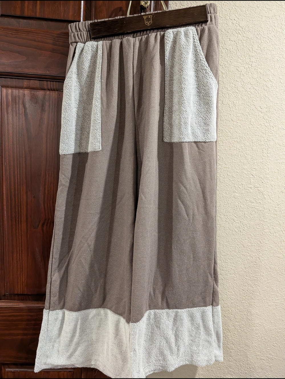 Set : Lovely Melody Taupe Wide-Leg Pants with Cream Trim And Matching Top